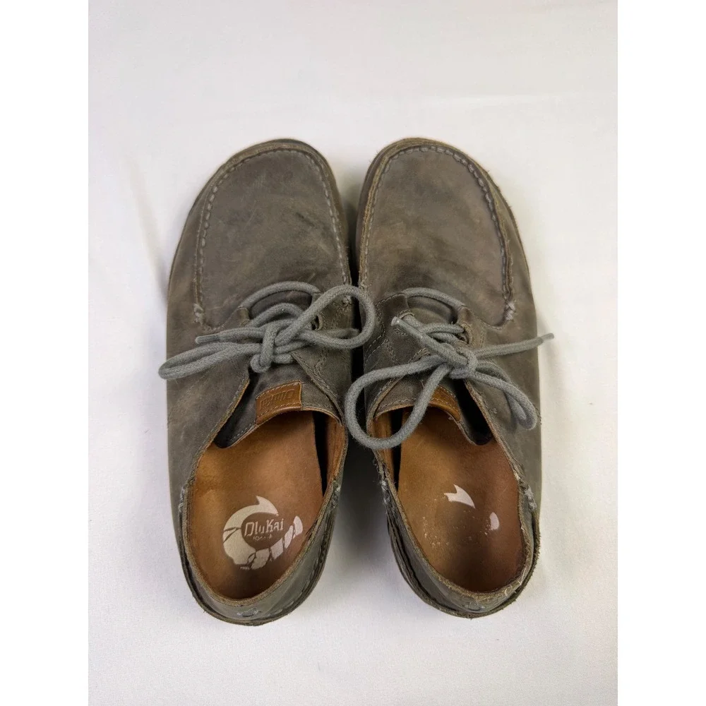 Olukai Ohana Lace Up‎ Nubuck Leather Moc Toe Shoes Mens 9 Grey Brown 10171-4T63